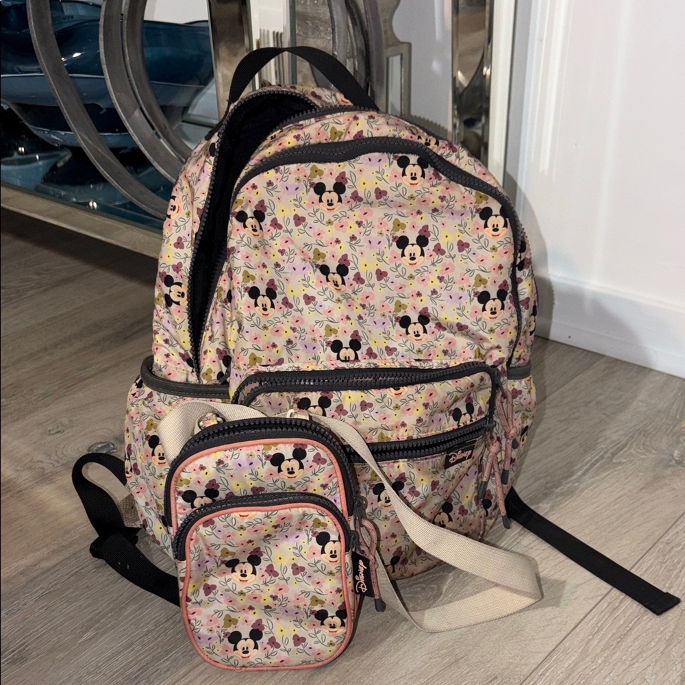 ZARA Disney Floral Mickey Mouse Backpack AND CROSSBODY - Pink and Black
